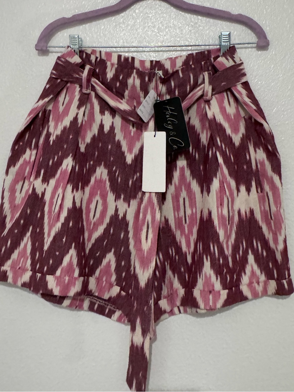 Molly Bracken Mauve and Pink Ikat High-Waist Tie-Belt Shorts